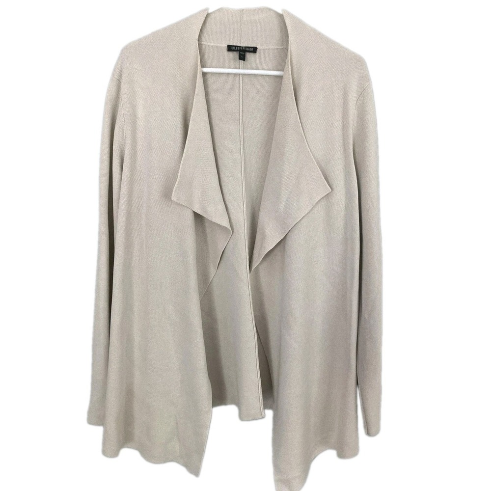 Eileen Fisher Cardigan Sweater Women L Beige Silk Cotton Open Front EUC